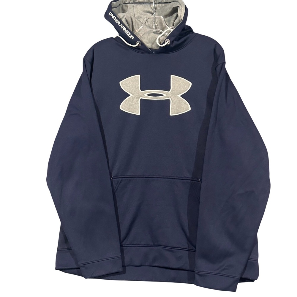Under Armour Mens XL Loose Navy Blue Hoodie Glitter Logo Fleece Sweatshirt